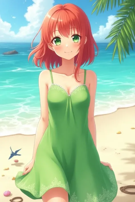 Anime girl with red hair and green eyes in a green sundress at the beach smiling 