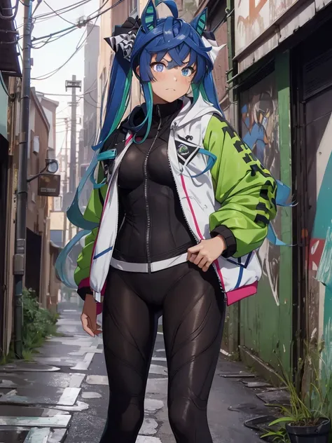 (​masterpiece, top-quality, hight resolution, Unity 8k, extremely details CG:1, Best Picture), 1girl, upper body, Amateur prostitute, (((Jacket all in green))),(open jacket,  black leggings), Twin_Turbo_Umamusume, aqua hair, twintails, heterochromia, purpl...