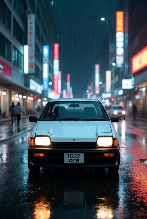 Photo of a white 1989 Toyota starlet turbo car with license plate 1022 GZB parked in the city at night in the middle of a storm 
