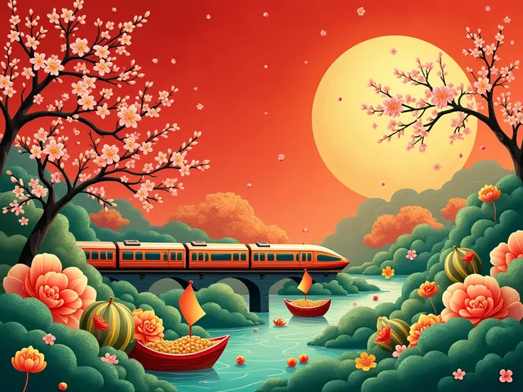 Create a vibrant, stylized Vietnamese New Year (Tết) scene with intricate cultural motifs. The image should have a flowing, dreamlike composition against a red textured background. Include elements like traditional Vietnamese boats, golden apricot blossoms...