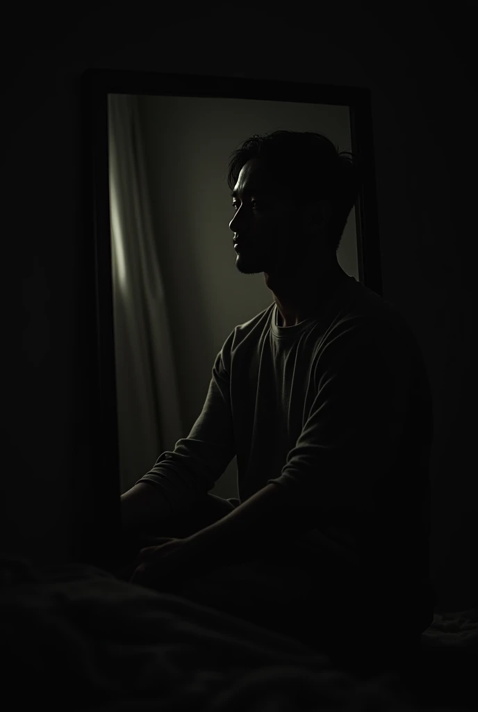  An evocative image of a mirror in a dark background .  The mirror reflects the figure of a seated person , with an expression of deep reflection .  The soft lighting highlights the details of the mirror and the silhouette of the person,  while the dark ba...