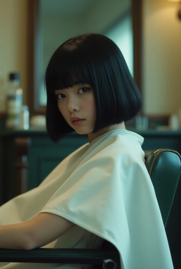  one girl ,  black hair, bangs, Bob Haircut,  Im wearing a white poncho for a haircut ,  sitting on a barber chair with her back stretched out,  inside an old Showa retro barber shop , Mental Silence , Transcendent Silence,  absurd,anxiety、regret、  Hi-Res,...