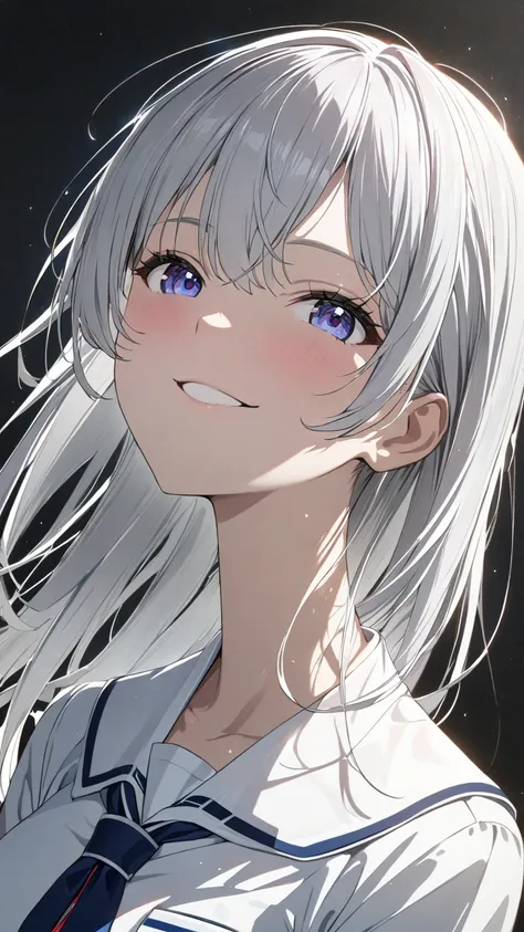  1 girl, solo,  Hi-Res,  shortcut, masterpiece,  textured skin, smile, amount, anime,  Silver Hair, slender,Beauty,fine, bright ,Aperture F1.2,Senior High School Uniform,No background,High school girl,Masturbation