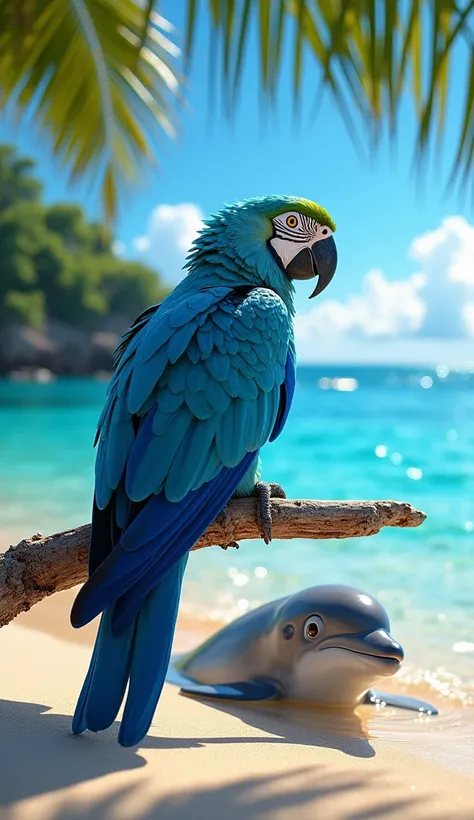 A vibrant blue macaw next to a dolphin near the sea. The macaw is perched on a branch close to the beach, displaying its light and dark blue feathers that shine under the tropical sunlight. Beside it, in the shallow crystal-clear water, a silvery-gray dolp...