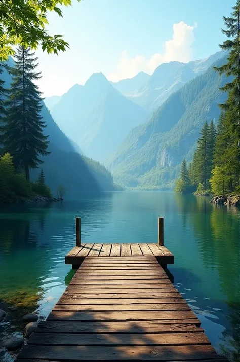 Lake with a pier and green mountains and trees in the background
