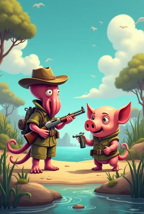 Squid clam hunting a pig with a shotgun and hunters costume, cartoonesco