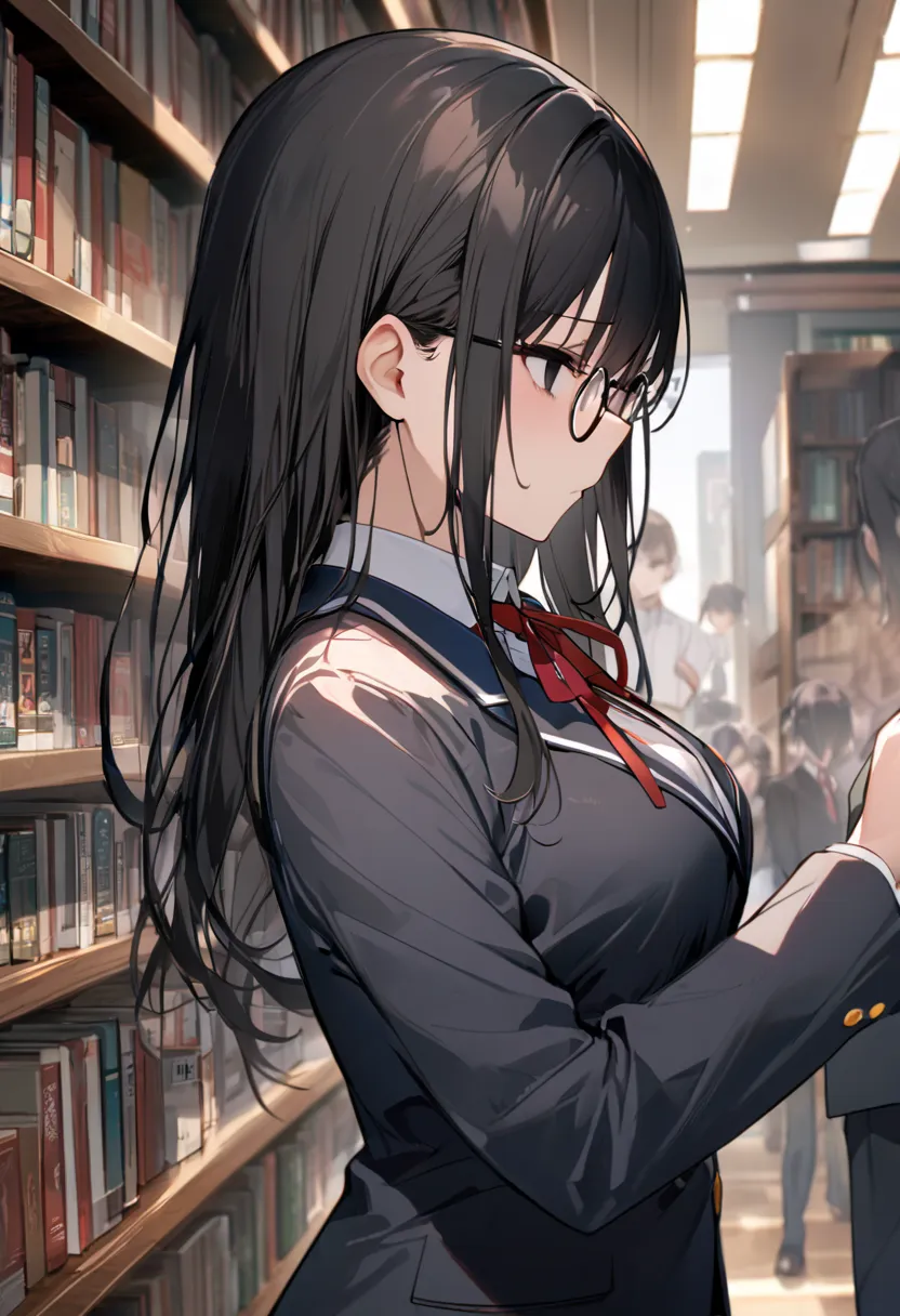 （masterpiece, best quality:1.2)、one person、 high school girl、black hair、long hair、black eyes、empty eyes、 slender、glasses、黒いschoo...