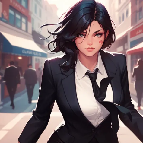 A black-haired woman, wearing a black suit and black tie. She has many tattoos on her neck, arms and face. She is walking on a street.