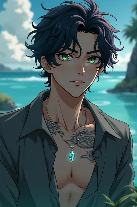 An anime picture of a man living in an island with Age: Late 20’s/early 30s {Appears ageless due to mystical connection to the island)

With Dark, jet-black hair with subtle waves and hints of purple undertones
Eyes: piercing emerald green with golden flec...