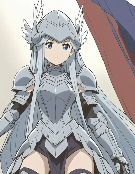 (((Best quality))),((Ultra-detailed)),((illustration)),((frilld)),(1 girl),(Solo), 1 girl,valkyrie armor,banner,clothing,female,gauntlets,gloves,grey hair,headwear,helmet,long hair,thighhighs,warrior,white hair,winged helmet, Silver Hair,blue eyes,
