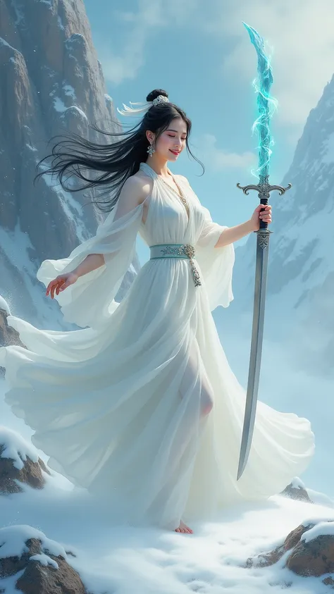 Snow Mountain Sword Painting ,  Vintage Womens Ice Ice Sword ,  Handheld Blue Flame Burning Sword ,  White Dress Dance Sword Long hair fluttering in the snow ,  A beautiful woman holding a silver longsword , Wear jade jewelry,  Her face filled with a confi...