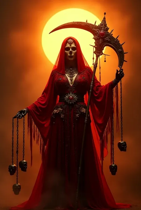 Beautiful photo of the Mexican saint death dressed in red with an epic shot with the sun in the background, The Mexican Saint Death is holding a scythe, has jewels in her hands, chains with skulls, and has a mystical white aura around her.