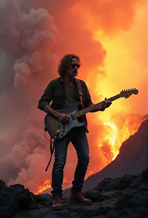 Guitarist Curt Corbine plays guitar on a volcano