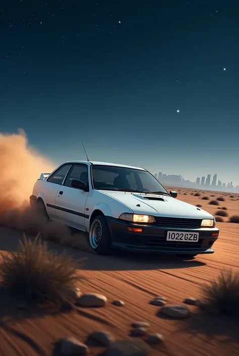 Toyota starlet 1989 turbo white wallpaper with license plate 1022 GZB running in a desert at night with the sky full of rays with the city in the background
