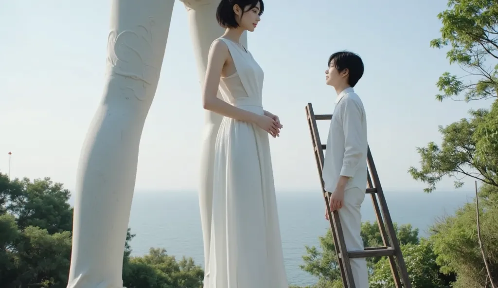 a towering chinese female protagonist, standing over 50 feet tall, clad in a pristine white dress that elegantly drapes over her...