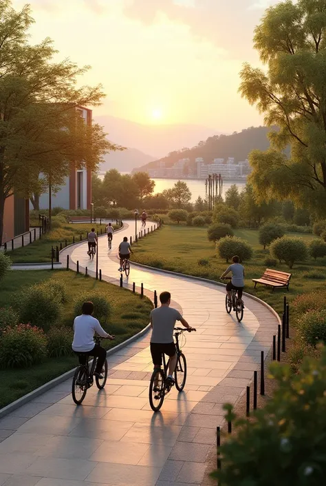  Groups of cyclists enjoying urban walks,  well-designed bike paths , landscapes at dusk .