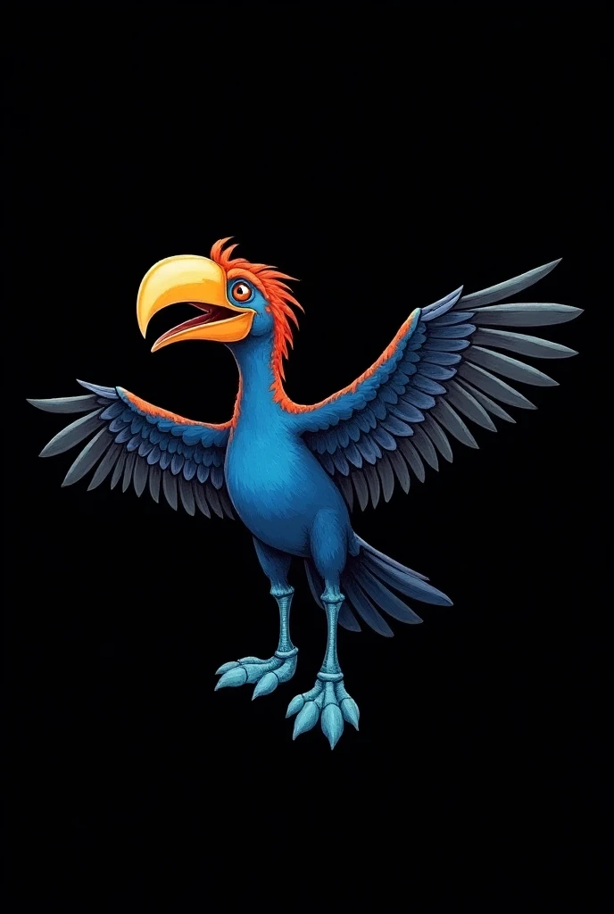 A drawing with a black background of a patola with blue feet ,  with open wings and closed beak ,  style from the third year of high school jerseys in Brazil.
