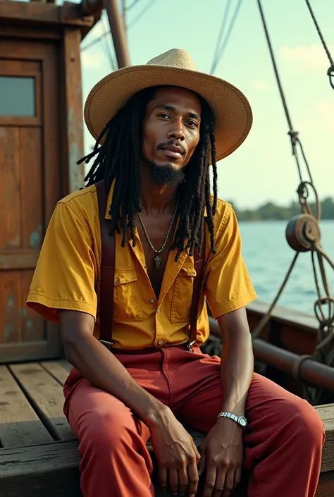  Bob Marley wearing a straw hat on a wooden boat. Color movie poster style photo 