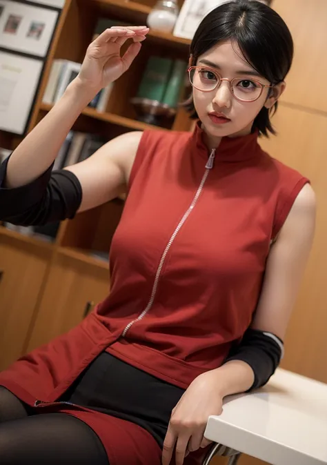 sarada, Black short hair, red glasses,  sleeveless red jacket