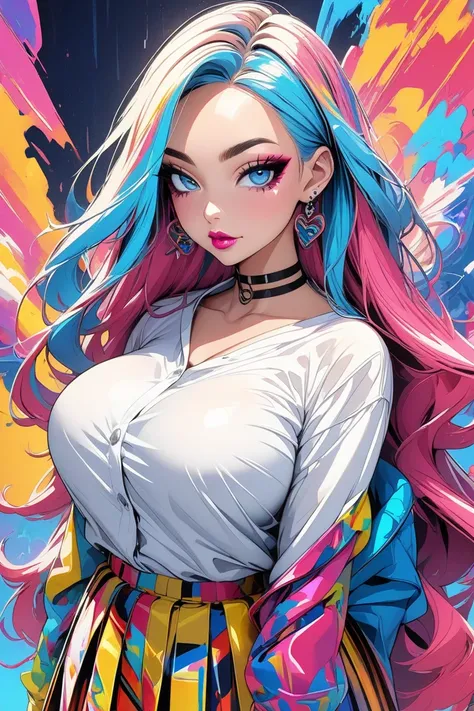 fashionable design,
High resolution, high detail, Best Quality,
pop-art style,Vibrant color style,colorful fashion,colorful back ground,stylish art,
Beautiful woman,Large Breasts,complete body,long hair,
Hoodie,Platform shoes,Earrings,Choker,deep makeup,
,...