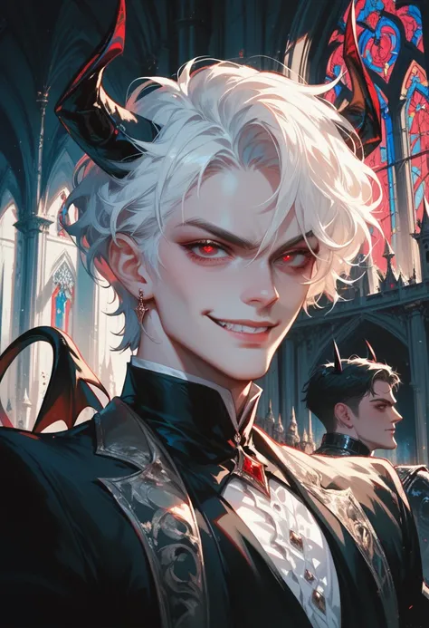 Short hair, 1 boy, beauty, sharp eyes, Priestly vestments, smirk, monocle, white hair, devil horns, black whites, sharp pupils, red eyes, castle, Masterpiece, High Quality, devils tail, 