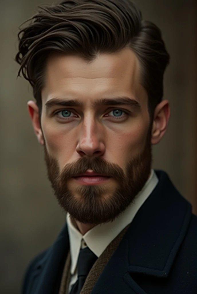 A handsome British man around 20 years old who lived in 1925. blue eyes with a beard on top of his mouth 