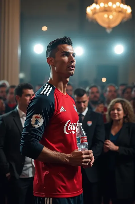 Heres a prompt based on Ronaldo throwing the Coca-Cola bottle and replacing it with water:

"Imagine Cristiano Ronaldo at a high-profile press conference, as the camera flashes click around him. A bottle of Coca-Cola is placed in front of him, but without ...