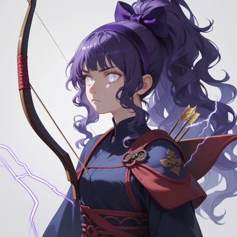 Long Hair, Purple Hair, Bangs, Shiny Hair, Wavy Hair, High Ponytail, Serious, White Eyes, No Pupils, Sparkling Eyes, Hairband, majic, holding bow and arrow in her hand, purple lightning bow and arrow, archer, majical background,standing.