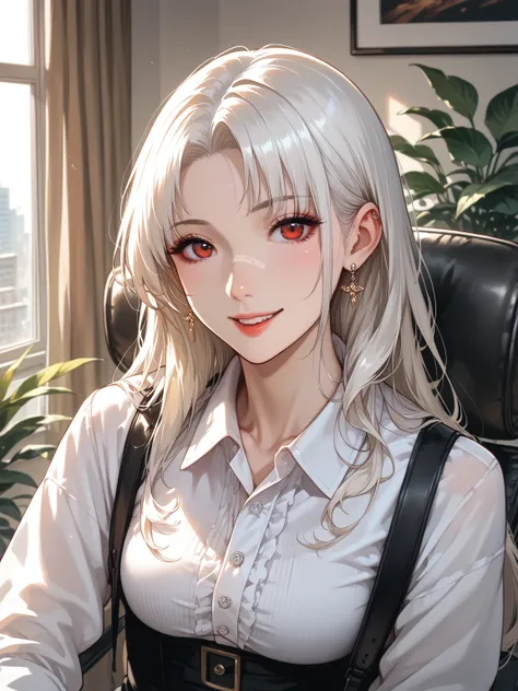 1girl(21 year old) cute, score_9_up, score_8_up, score_7_up, A detailed illustration in anime style. A young woman with long hair, and flowing white hair. An intense and seductive expression with smooth flawless skin, red eyes., 1 woman, anime 2.5d  artsty...