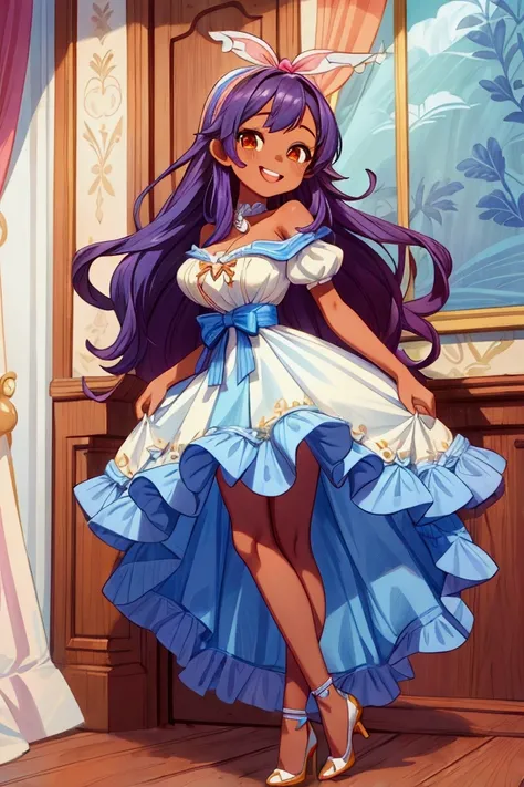 (Masterpiece, best quality) 1 girl, standing indoors with intricate details and sunlight, blue and white frilled dress with short neckline, white high heel shoes,magenta long hair, orange eyes, blue ribbon in hair, brown skin, sexy smile, teeth showing, se...