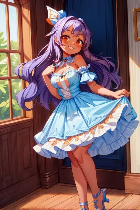 (Masterpiece, best quality) 1 girl, standing indoors with intricate details and sunlight, blue and white frilled dress with short neckline, white high heel shoes,magenta long hair, orange eyes, blue ribbon in hair, brown skin, sexy smile, teeth showing, se...