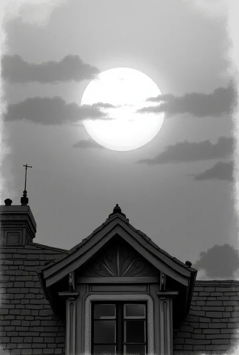 The roof of a building is setting, the sun is black and white and is a realistic pencil drawing 