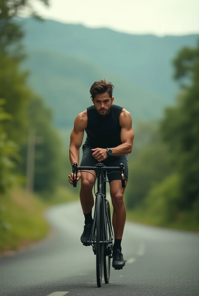 A young man riding a bicycle looking at the watch on his wrist