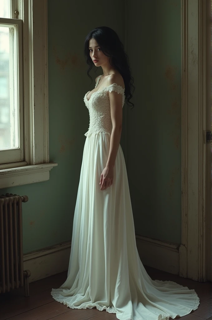  Skinny black-haired woman in an old antique long white dress, in a corner of a room looking seriously  