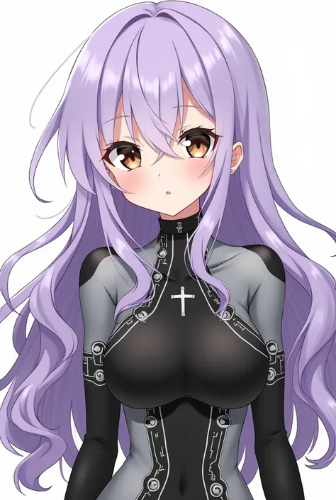 An anime girl with long, flowing lavender hair styled in loose waves, dressed in a sleek, high-neck black and silver bodysuit with intricate circuitry patterns. She has soft brown eyes, a black choker with a tiny cross pendant, and silver cross earrings.