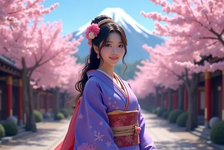 A professional image of a beautiful Japanese queen, 24-28 years old, sharp eyes, medium breasts, wavy long brown hair, original violet kimono dress and costumes, big smile looking at camera. She walks in ancient Japanese town with full of white-pink Sakura...