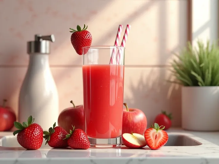  Create realistic photo-style image ,  strawberry and apple detox juice,  with the blender next to , on top of a sink 