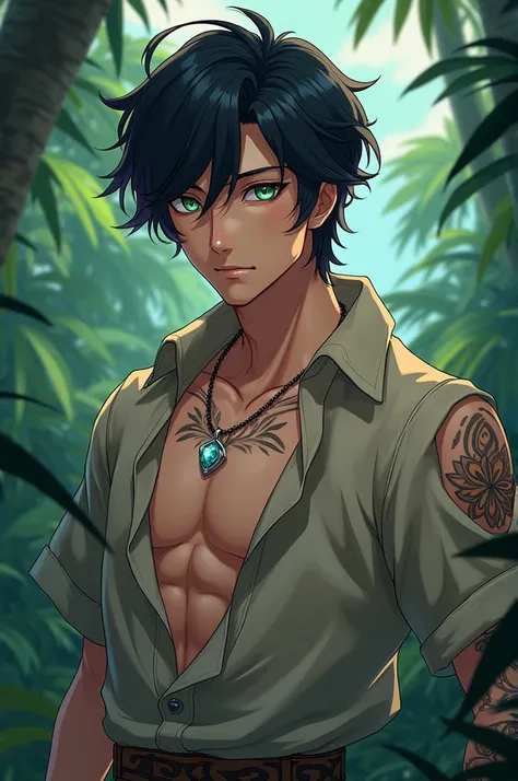 An anime picture of a man living in an island with Age: Late 20’s/early 30s {Appears ageless due to mystical connection to the island)

With Dark, jet-black hair with subtle waves and hints of purple undertones
Eyes: piercing emerald green with golden flec...