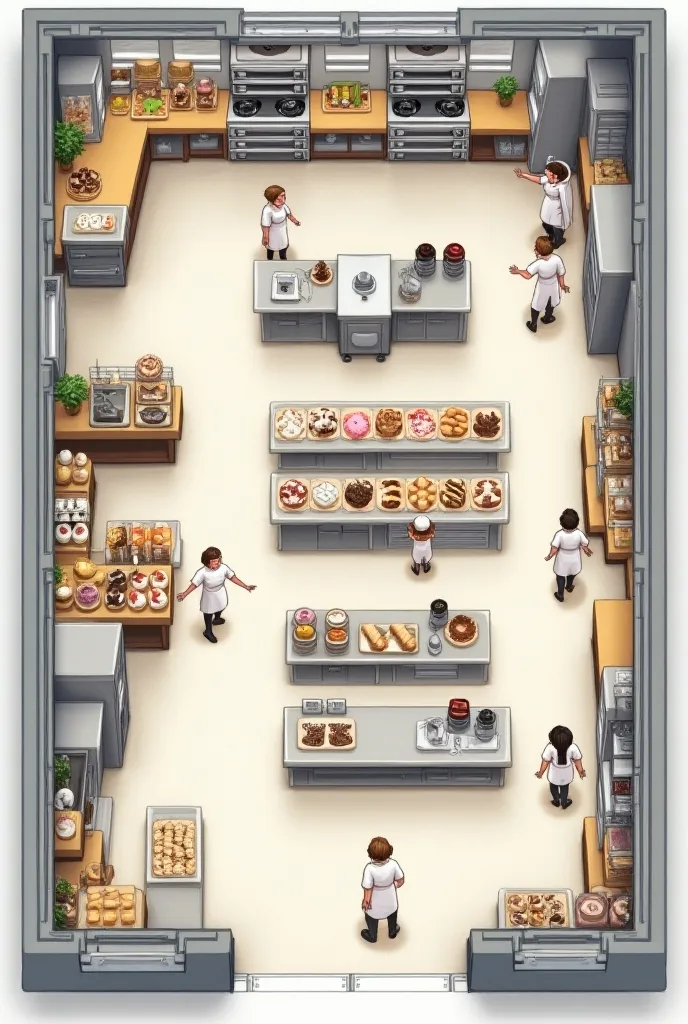 The plan of the industrial kitchen of a pastry shop that has a sales area, bathrooms, dressing rooms 
