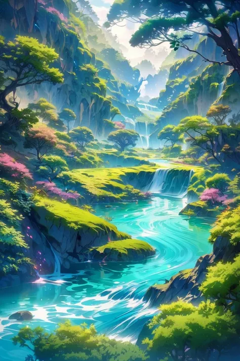 anime style beautiful scenarie with flowing river and greenery, surrealistic heavenly environment, mesmerising