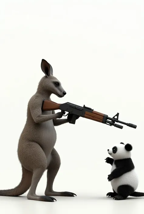 A kangaroo with a rifle killing a panda