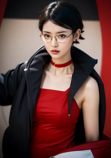 sarada, black short hair, black tanktop, black jacket, red glasses, black necklace, big breast, rural background