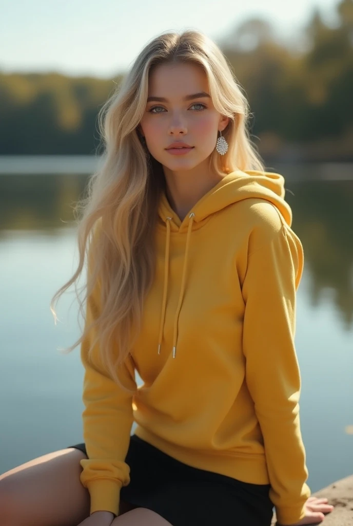 Beautiful Russian blonde long-haired girl with 1 breast size ,beautifully made up, beautifully painted lips ,  with a modest smile with beautiful teen earrings in her ears , with a beautiful face in a fully relaxed pose Teen yellow hoodie in an ultra-short...