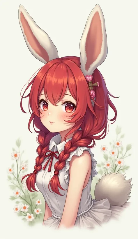  1 girl , Single, Bunny Girl,red hair,double braids,red pupils