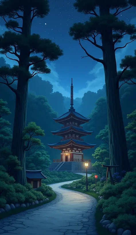 （（（Ghibli style）），（8k），（highly），（detaled），wide angle,softlighting, elaborate，shrine、Tall Tree々、Big Tree、Night Road、Captivating、 Movie Lighting
, deep