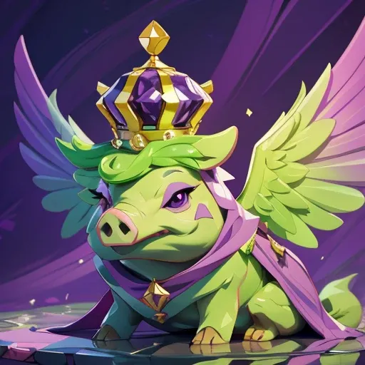 green pig , green body , purple wings , purple eyes , wearing a crown , look right