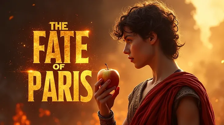 Create a high-contrast, dynamic thumbnail that shows Paris holding the golden apple, with a background of a burning Troy on one side and beautiful Helen in a dramatic pose on the other. The image should be vibrant, with bold text overlay that reads ‘The Fa...