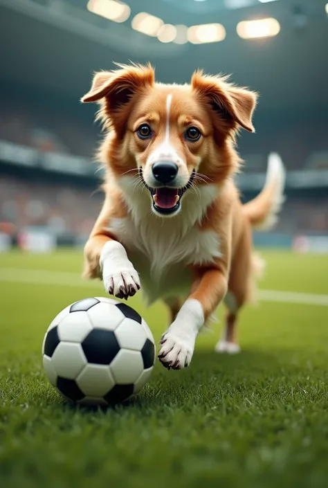 a dog playing soccer in a bizarre way