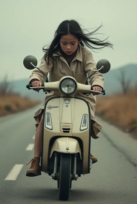 Girl rides scooty while crying in road