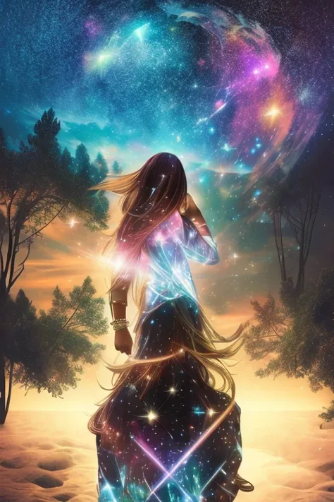 （multiple exposure：1.8），Dubrec style，Girl virtual holographic digital avatar，Futuristic magnificent starry sky image foreground，psychedelic starry sky，In space，Complex illustrations in surrealist art style，Surreal dreams，Become an invisible virtual hologra...